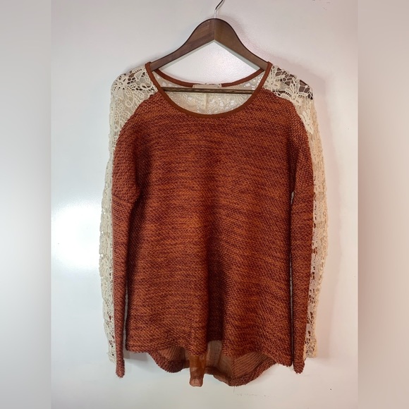 A’Reve sweater with crocheted sleeves and chiffon bow - size small - Picture 1 of 4